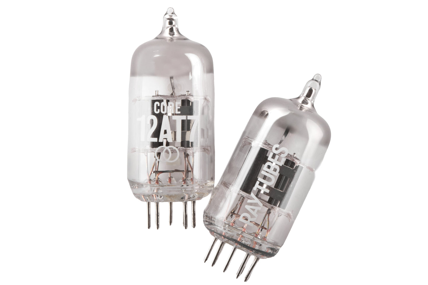 Two glass vacuum tubes, one upright and one tilted, on a plain white background. The upright tube has 'CORE 12AT7' printed on it, and the tilted tube has 'RAY TUBES' printed on it.