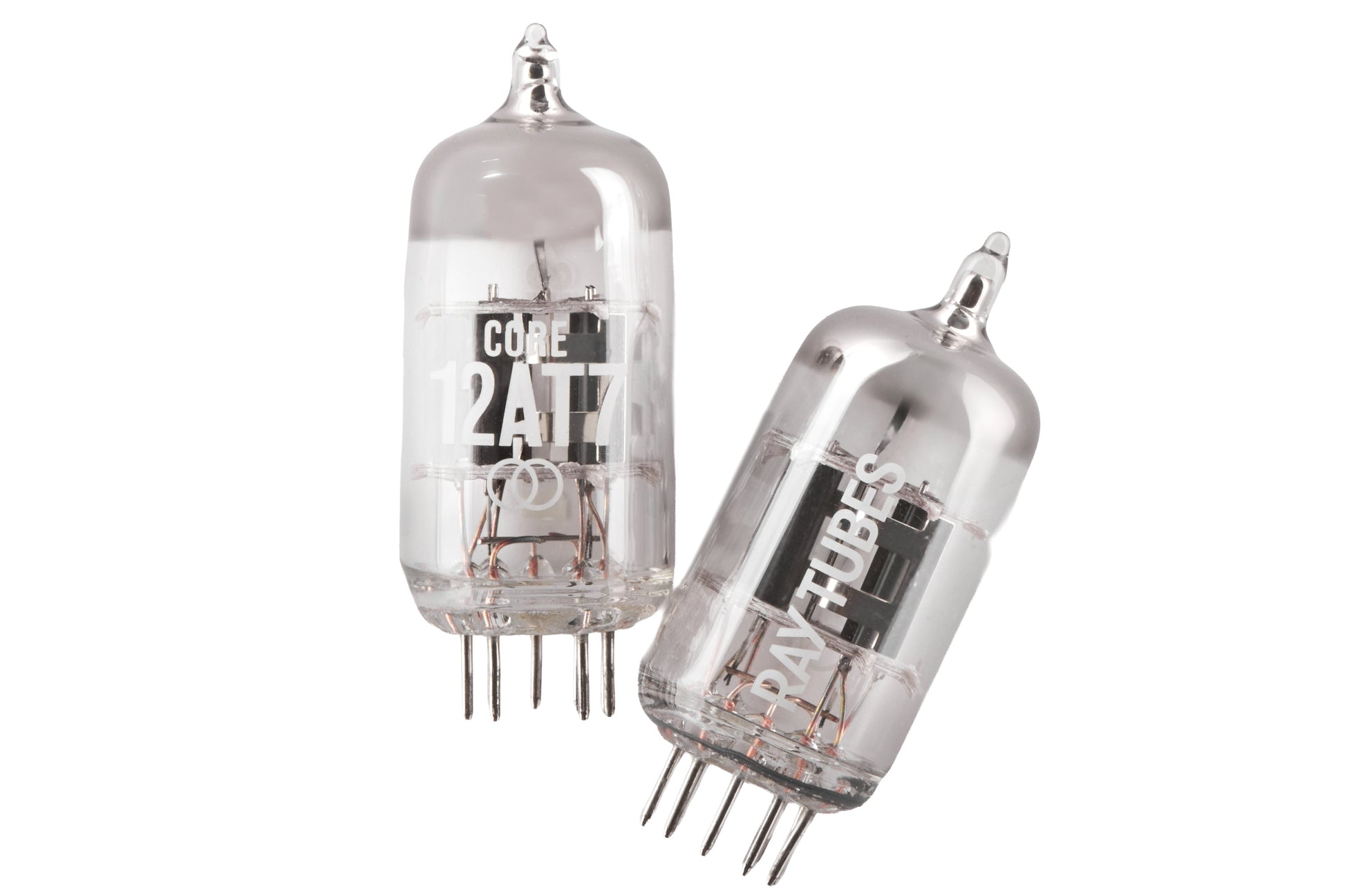 Two glass vacuum tubes, one upright and one tilted, on a plain white background. The upright tube has 'CORE 12AT7' printed on it, and the tilted tube has 'RAY TUBES' printed on it.