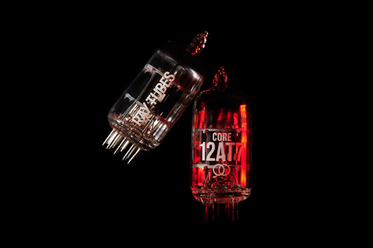 Two electronic components with 'Core 12AT7' branding on a black background