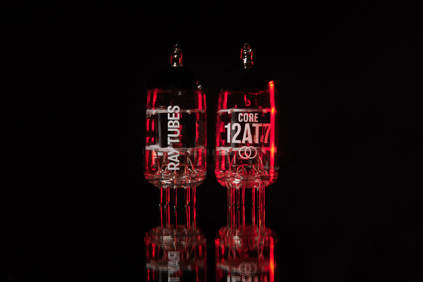 Two vacuum tubes with 'Ray Tubes' branding on a black background