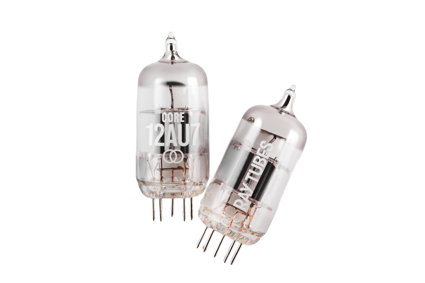 Two glass vacuum tubes, one labeled 'CORE 12AU7' and the other showing internal electrode markings, displayed against a solid white background.