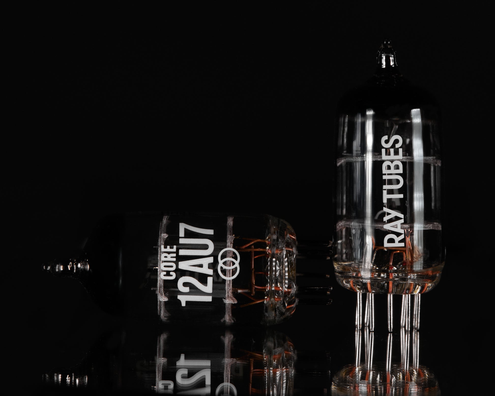 Two vacuum tubes with 'Ray Tubes' branding on a black background