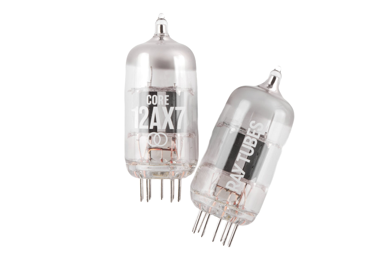 Two glass vacuum tubes, one labeled 'CORE 12AX7' and the other showing internal elements, photographed on a solid white background.