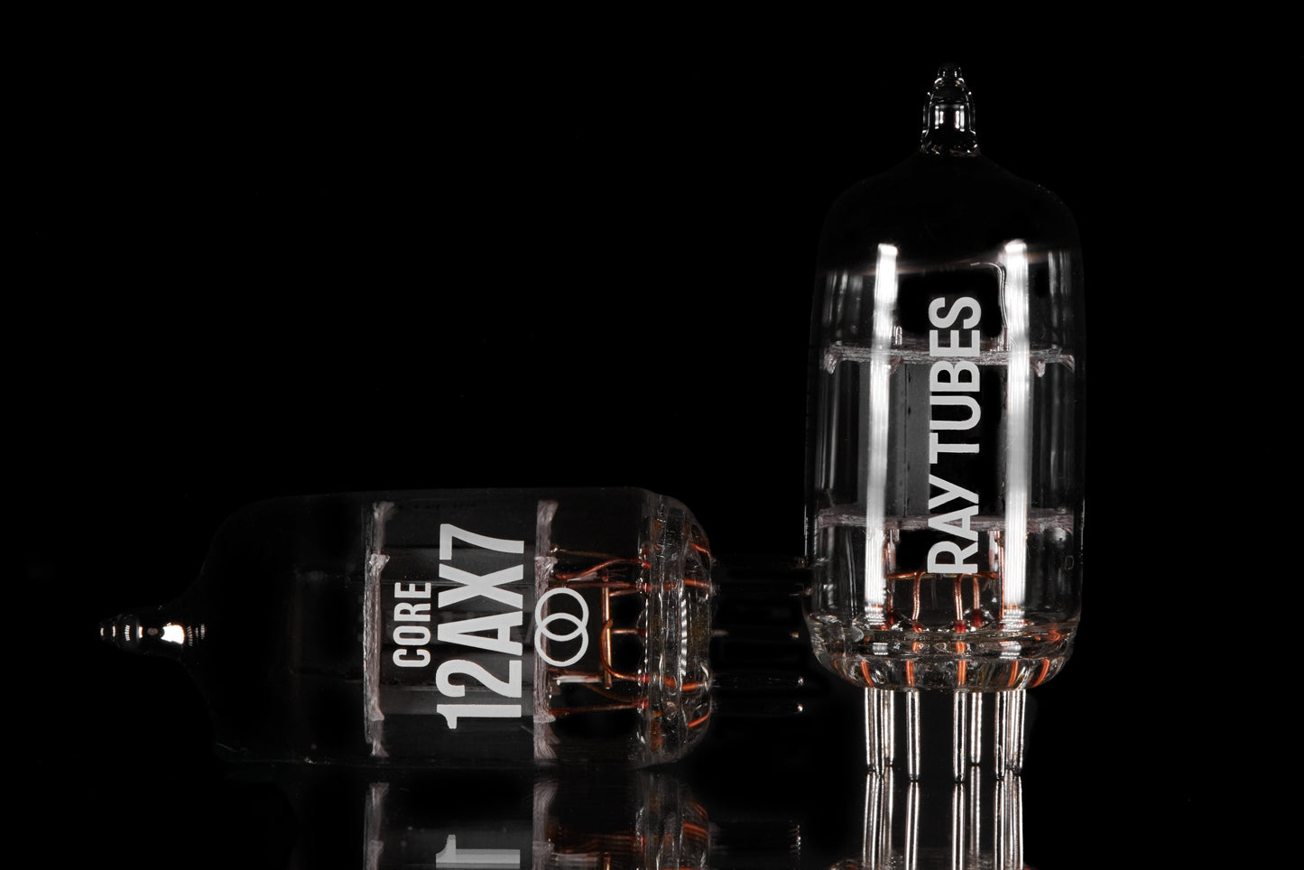 Two vacuum tubes with 'Ray Tubes' branding on a black background