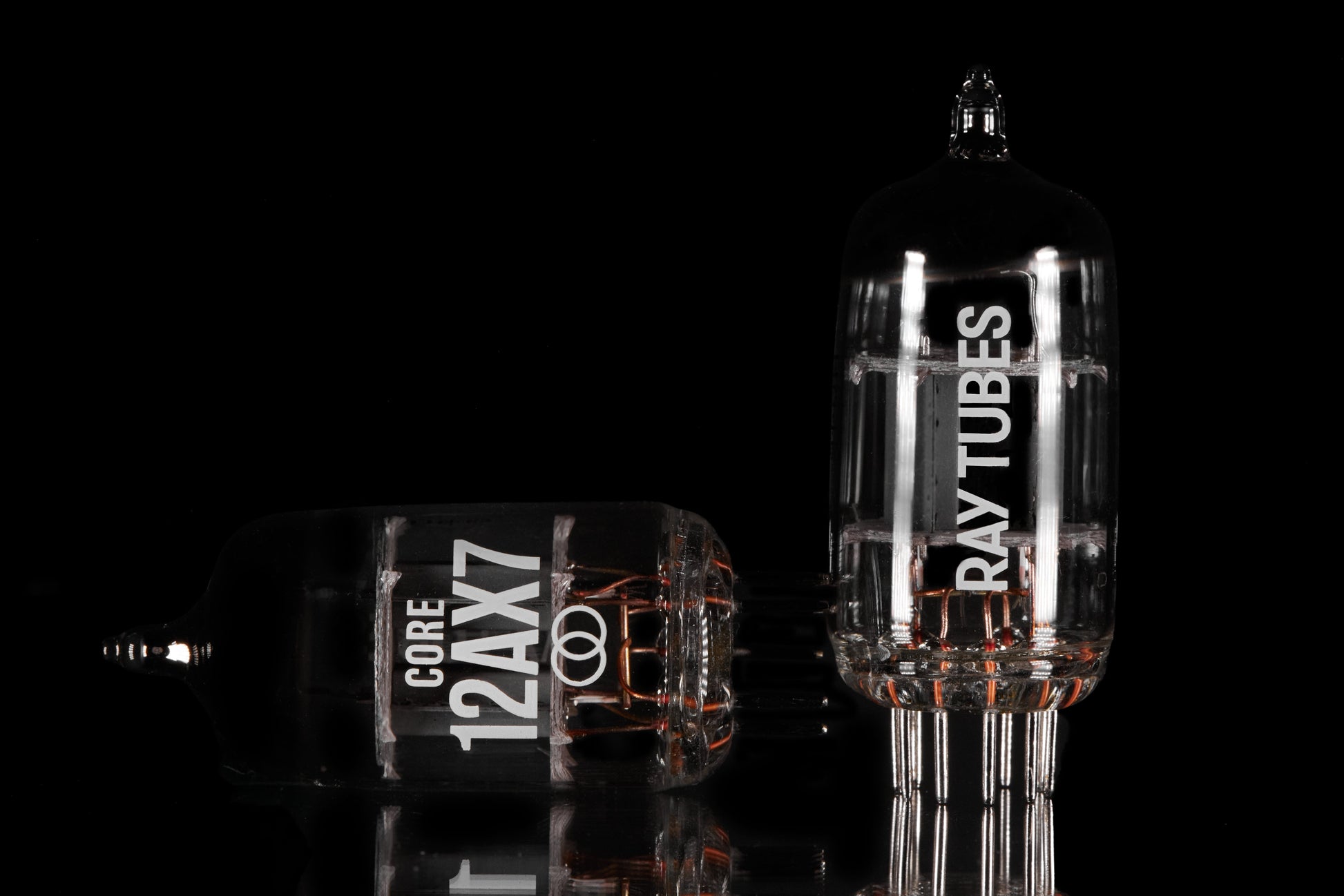 Two vacuum tubes with 'Ray Tubes' branding on a black background