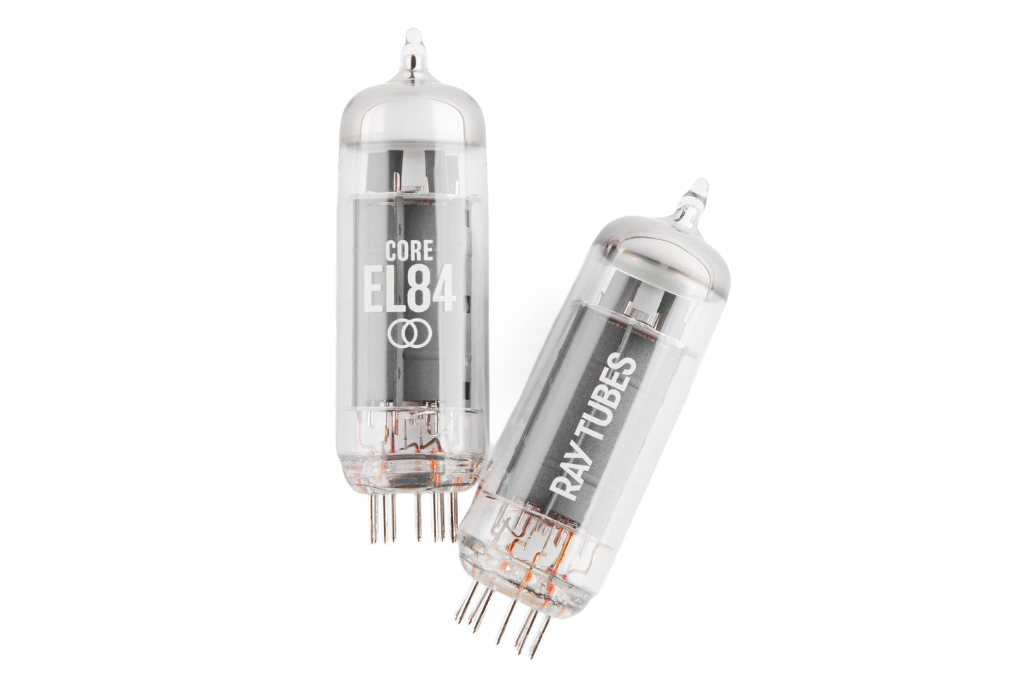 Two glass Ray Tubes CORE EL84 vacuum tubes shown on a clean white background, one upright and one tilted.