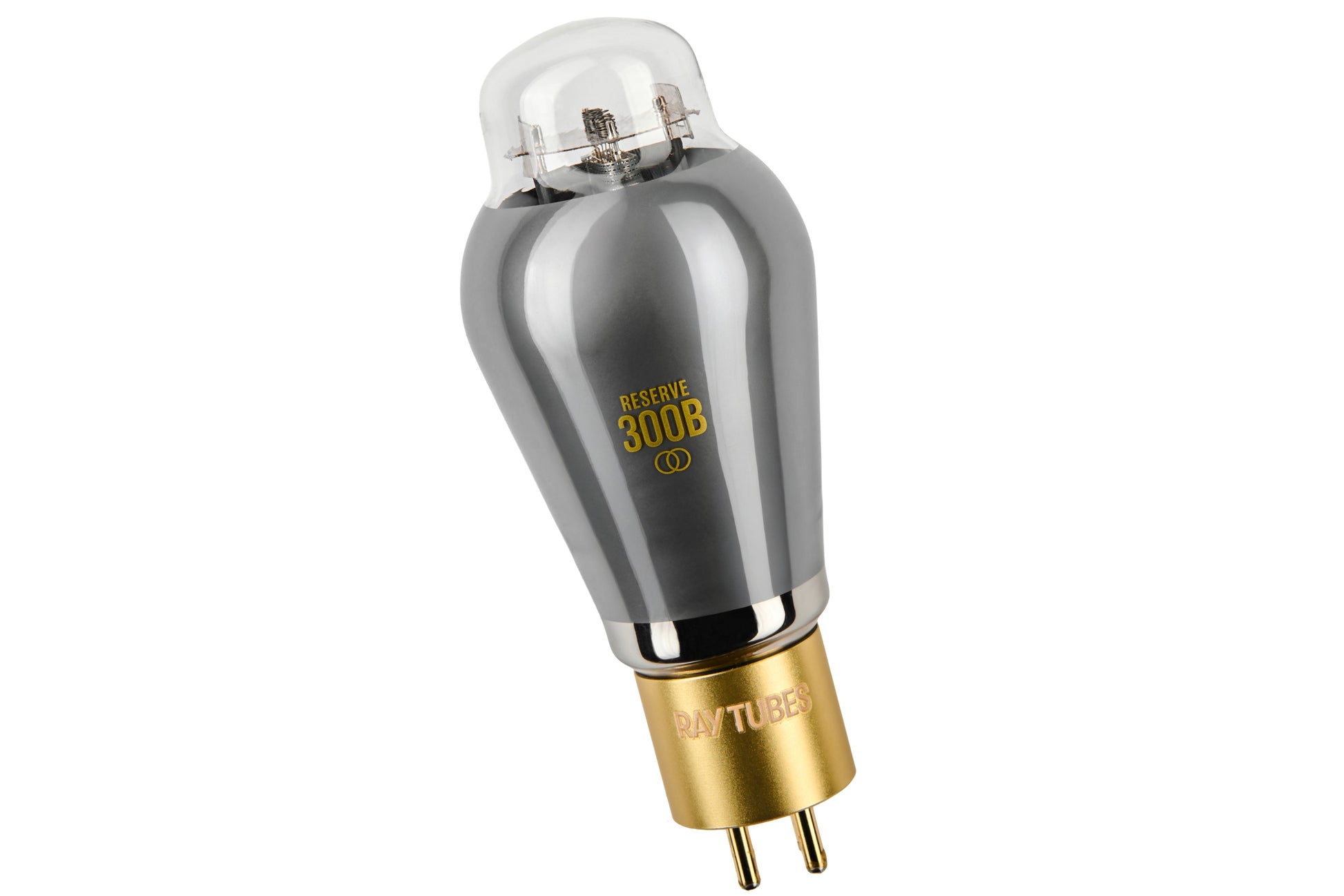 A Ray-Tubes RESERVE 300B vacuum tube with a metallic gray glass body, gold-plated base, and clear glass top, shown on a solid white background.
