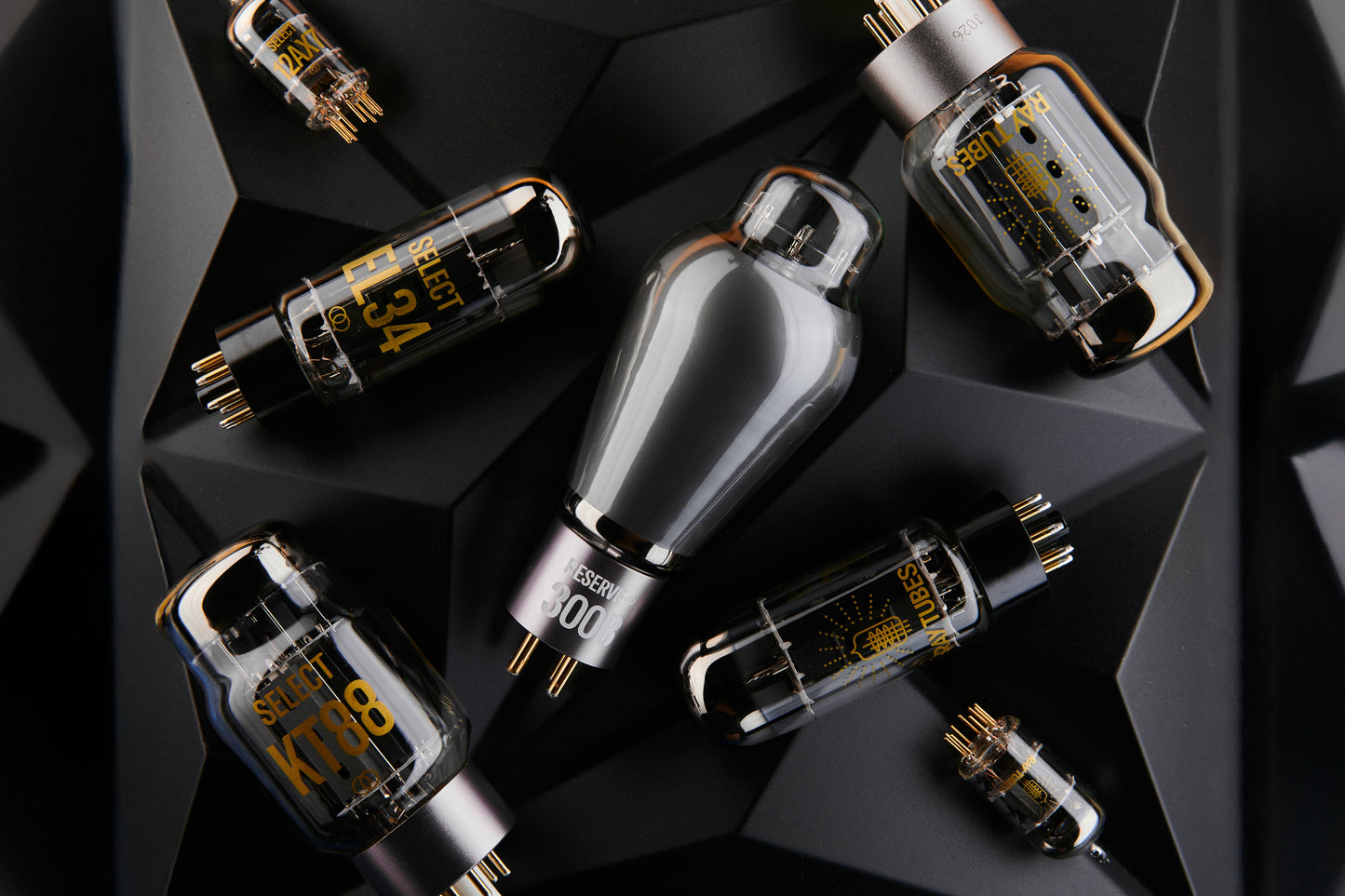 Set of electronic tubes on a dark geometric background