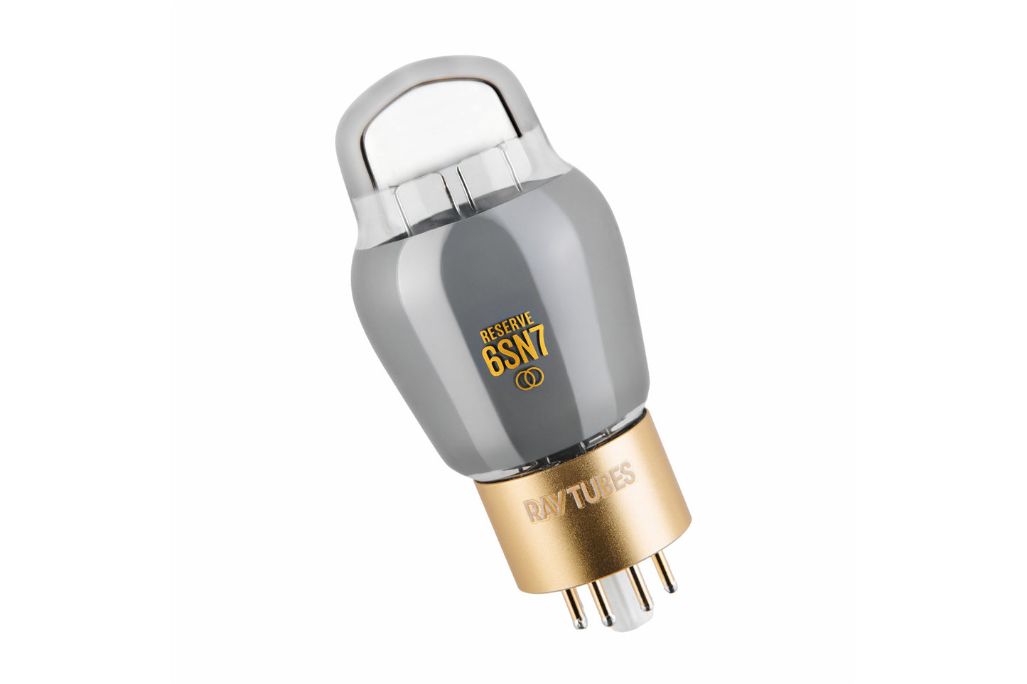 A single Ray-Tubes 6SN7 vacuum tube with a metallic gray body, gold-colored base, and clear glass top, shown on a solid white background.