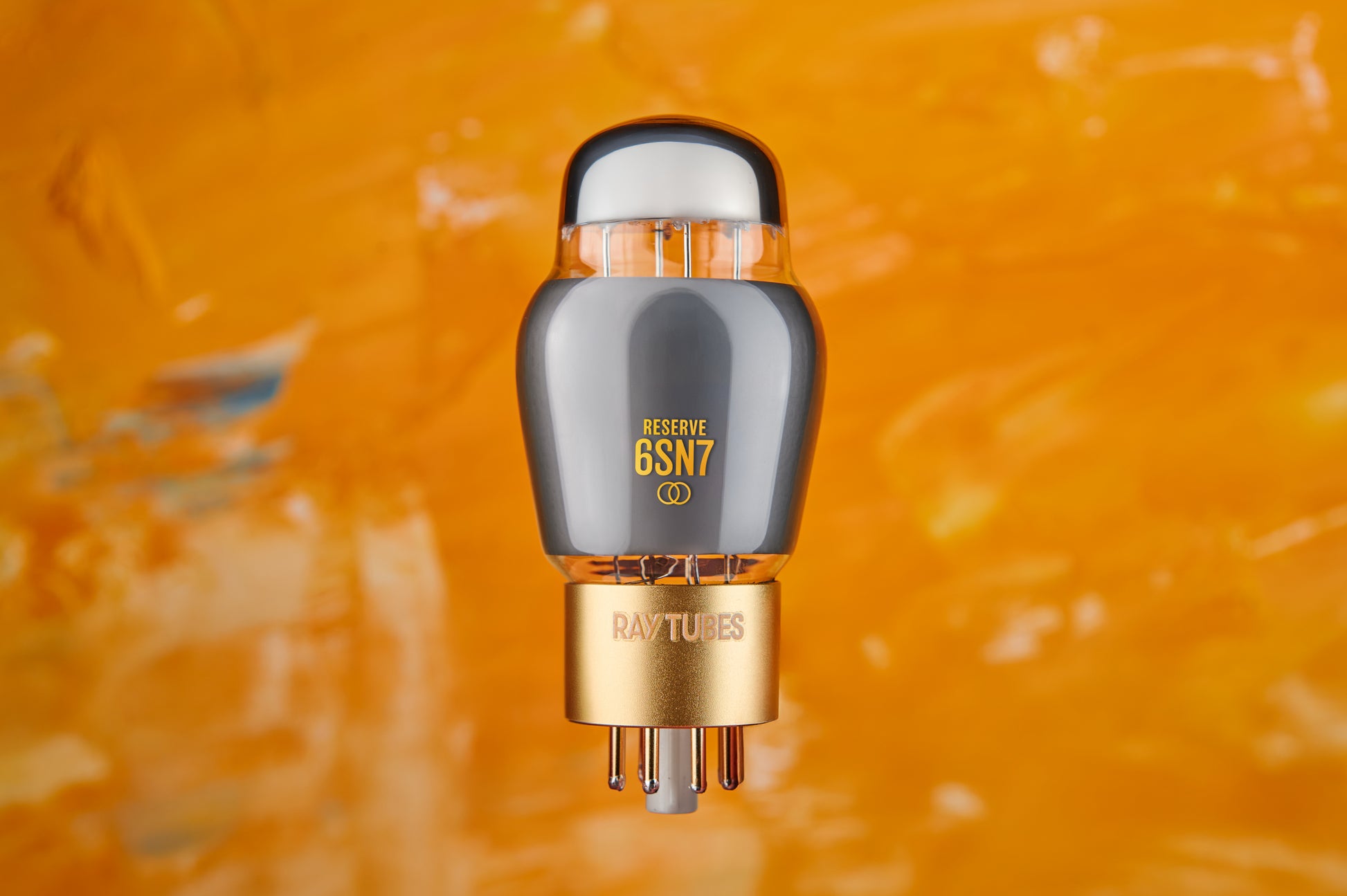 Tube amplifier with 'Ray Tubes' branding on an orange background