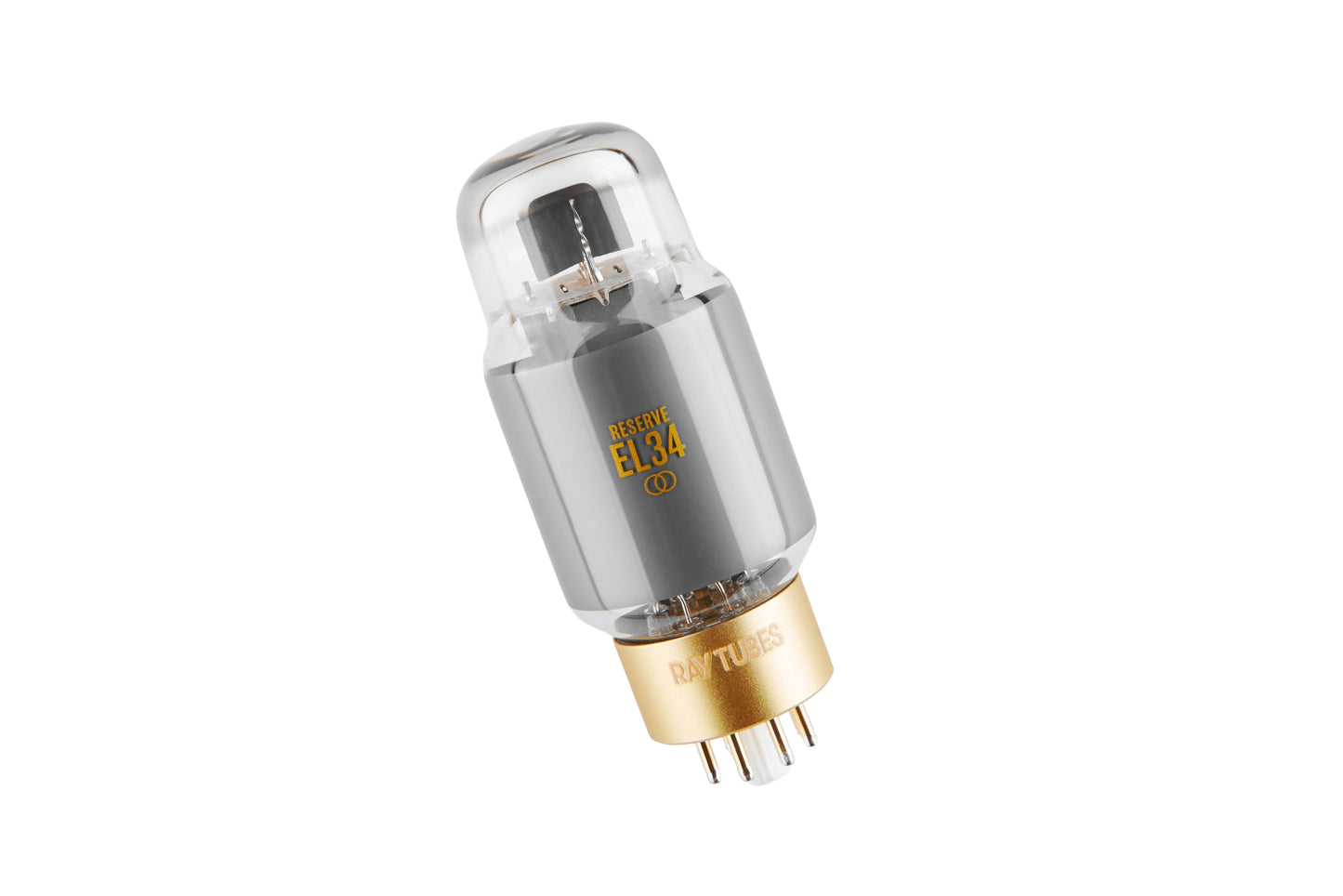 A single glass vacuum tube with a clear bulb, gray body, gold base, and small printed text, photographed on a plain white background.