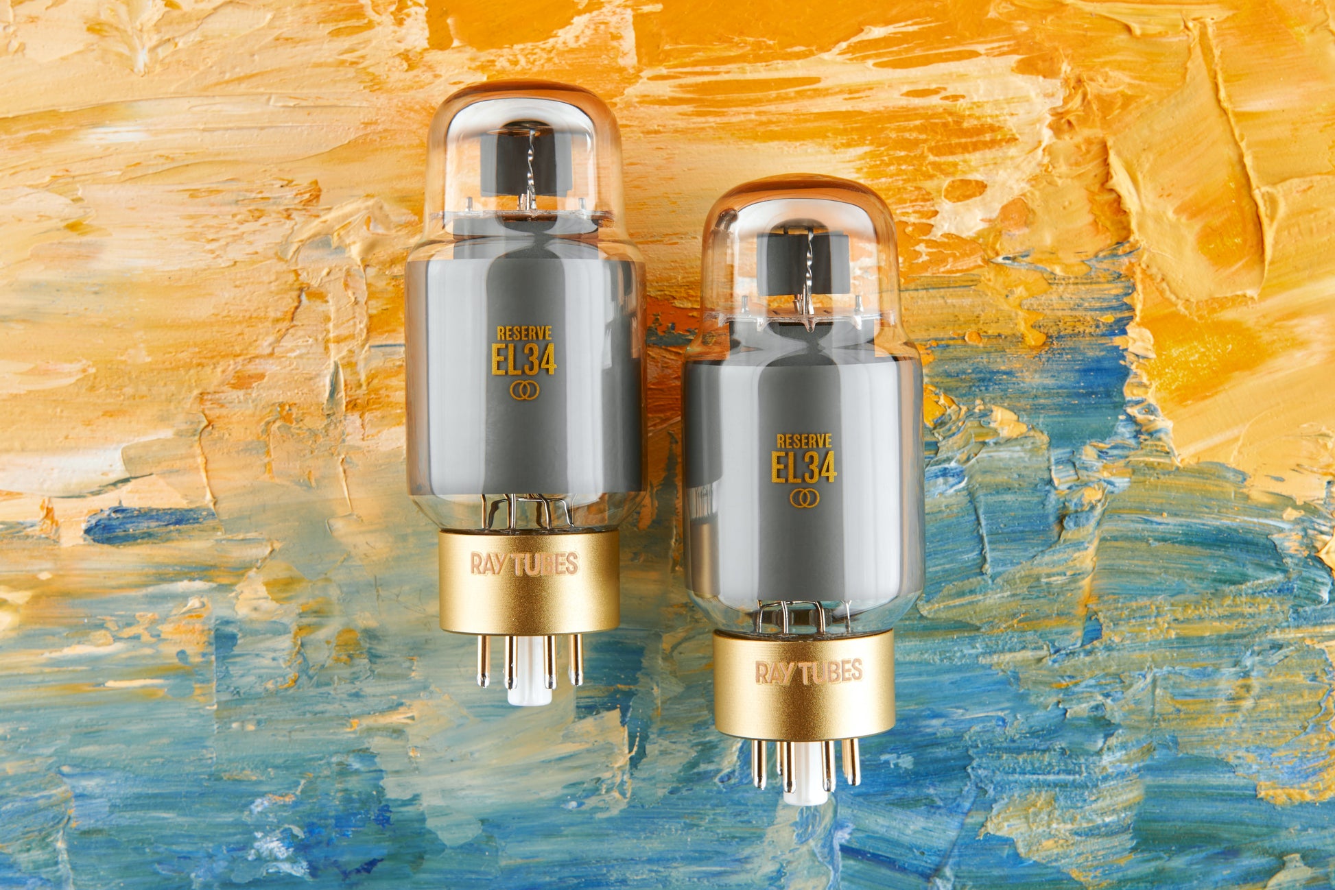 Two vacuum tubes with gold bases on a colorful abstract background