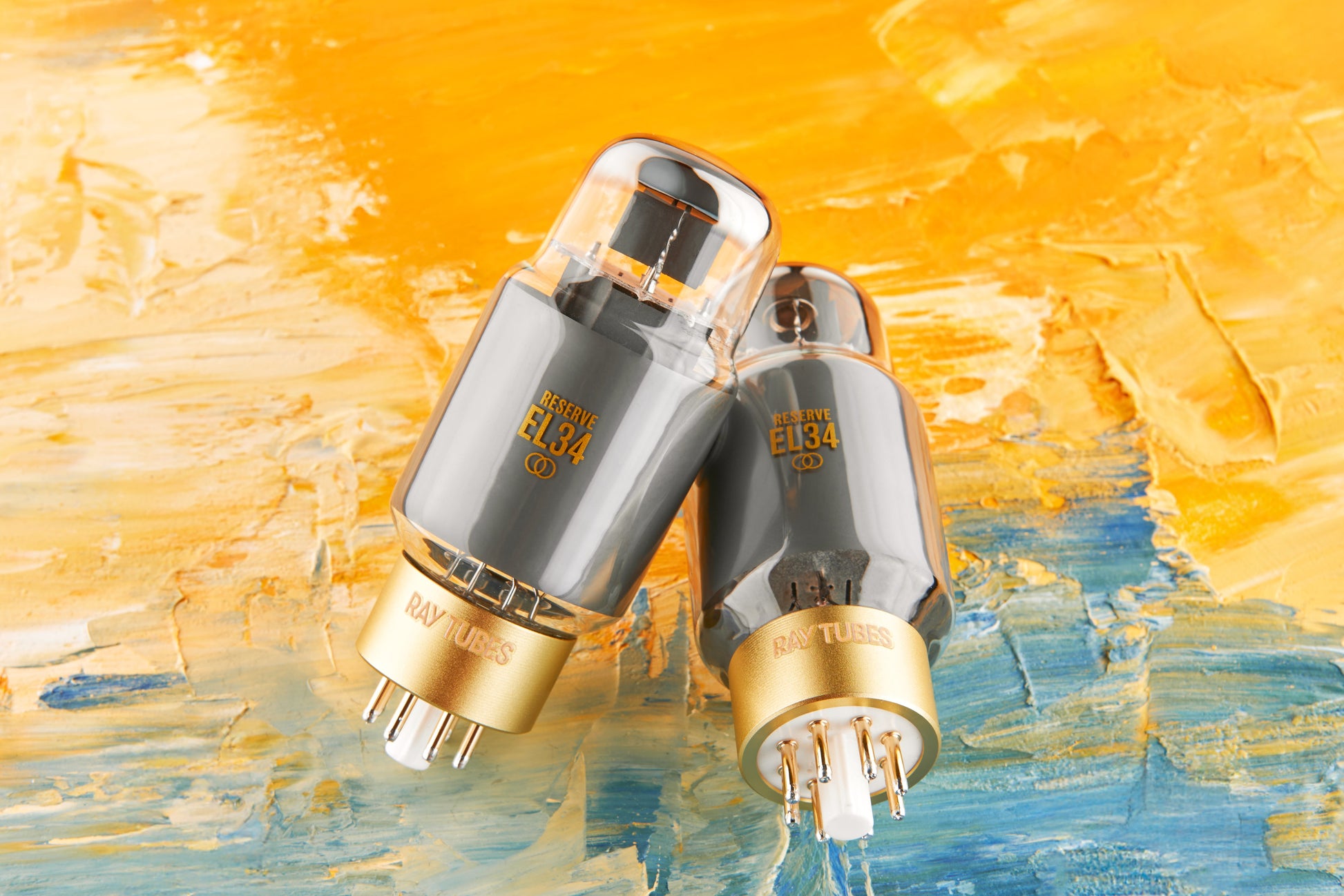 Two vacuum tubes on a textured orange and blue background