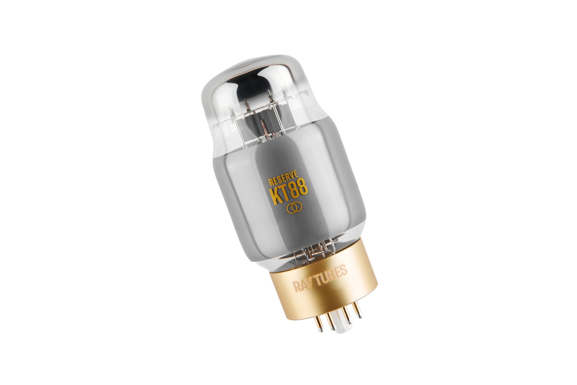 A single Ray-Tubes RESERVE KT88  vacuum tube with a clear glass body, gold-colored internal elements, and a gold base, shown on a solid white background.