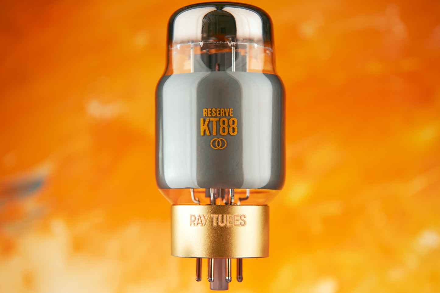 Vacuum tube with 'Reserve KT88' and 'Ray Tubes' branding on an orange background