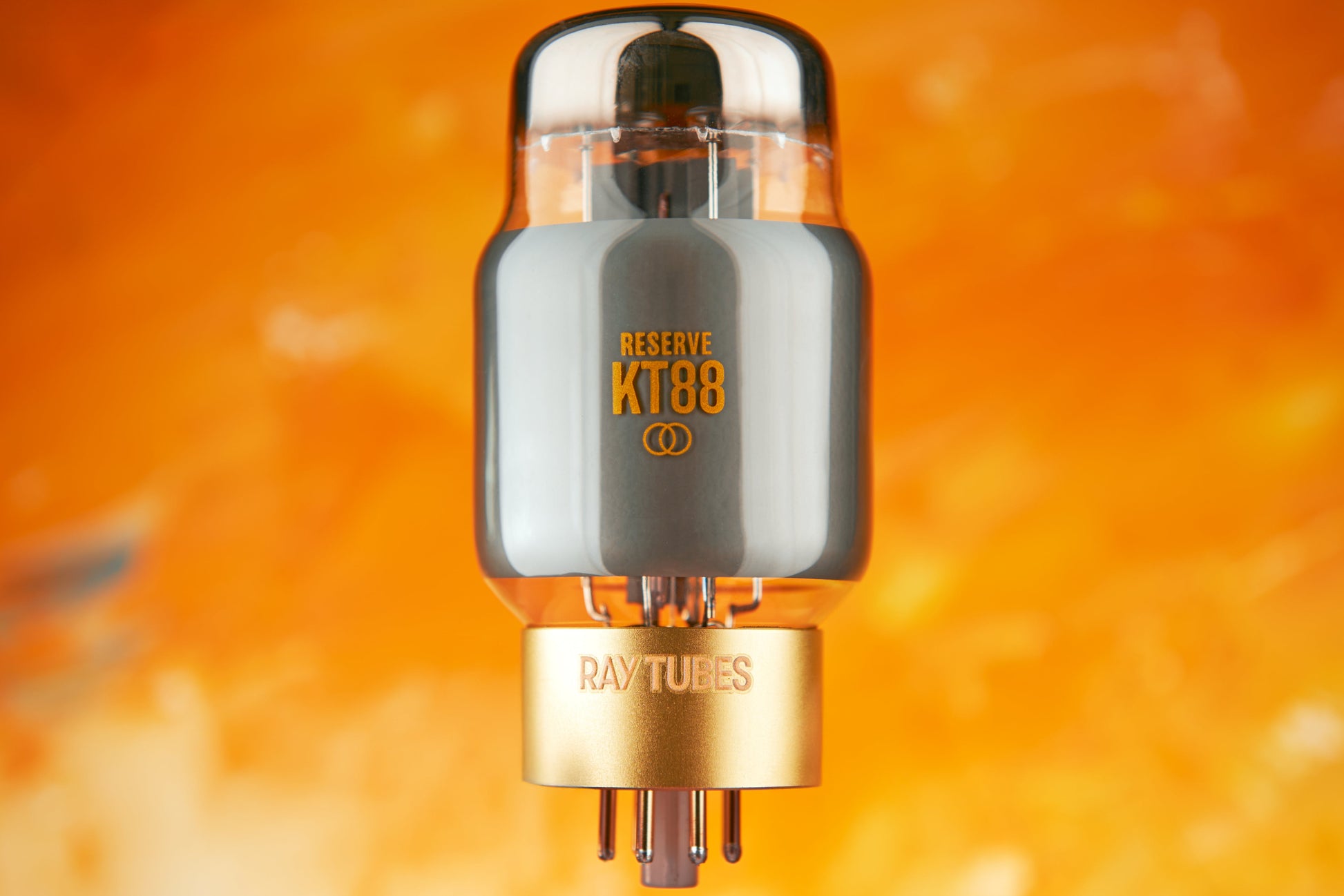 Vacuum tube with 'Reserve KT88' and 'Ray Tubes' branding on an orange background