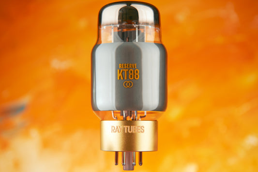 Vacuum tube with 'Reserve KT88' and 'Ray Tubes' branding on an orange background