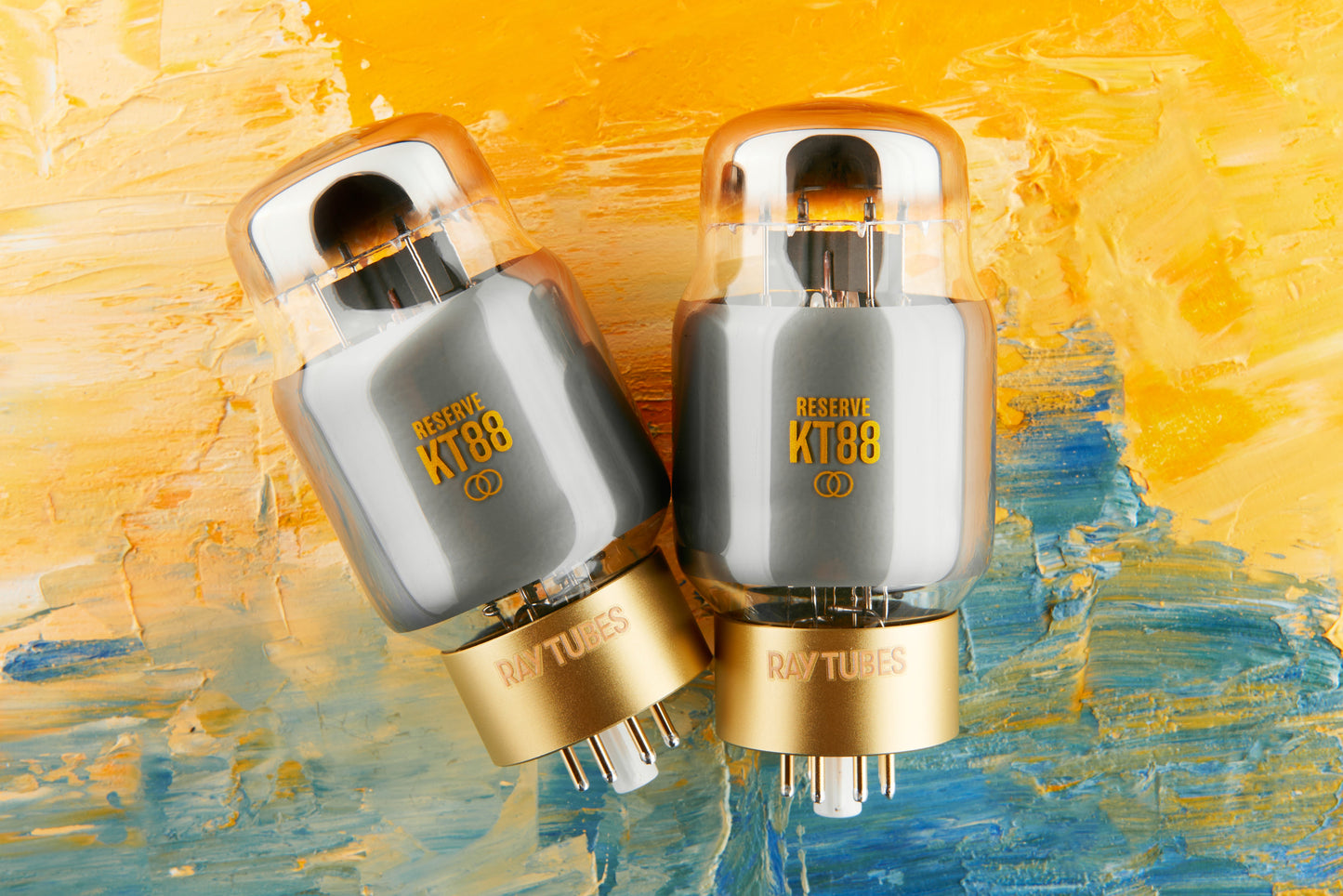 Two RAY TUBES KT88 vacuum tubes on a colorful abstract background