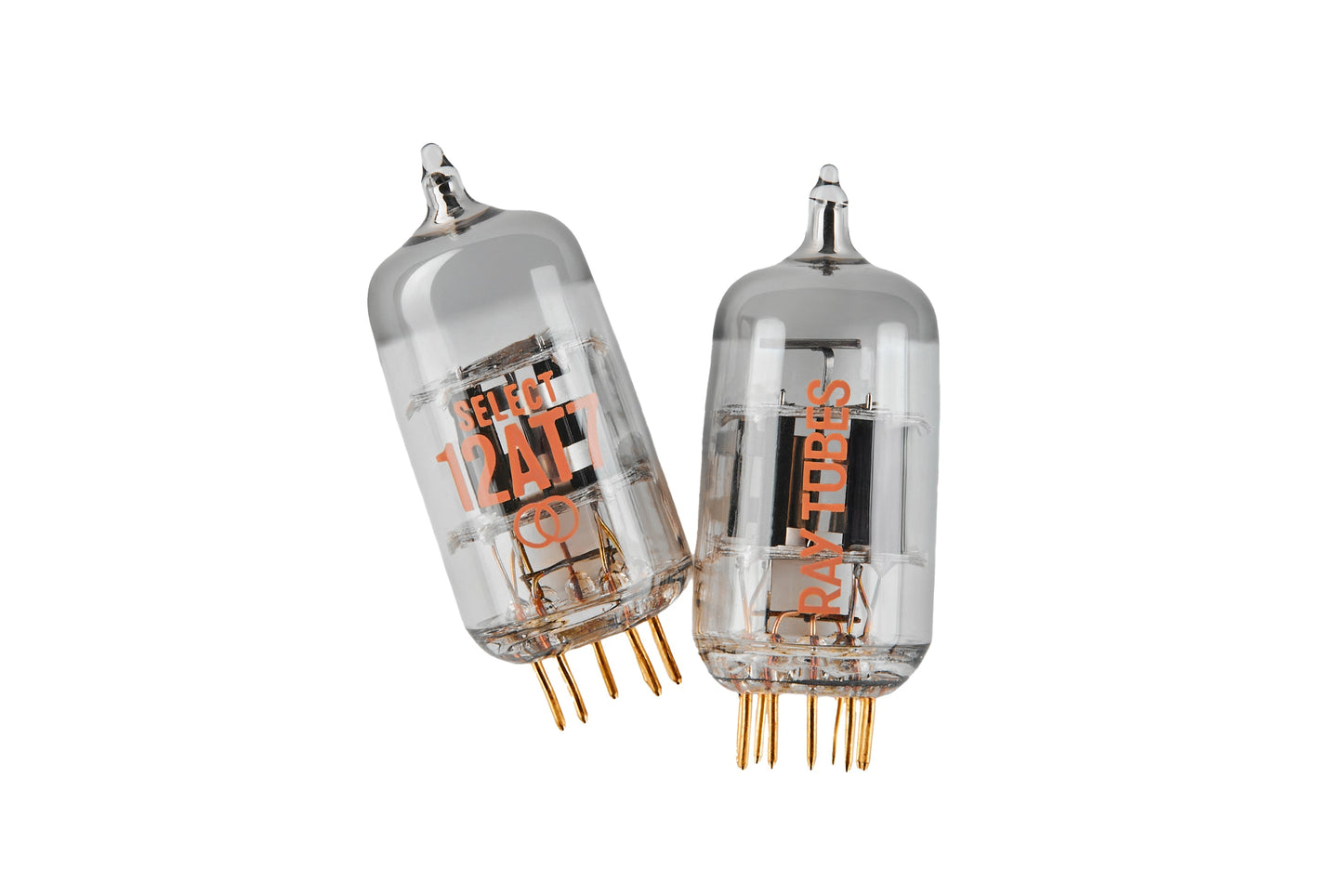 Two glass vacuum tubes with copper pins, featuring orange printed text and a silver top tip, shown against a plain white background.