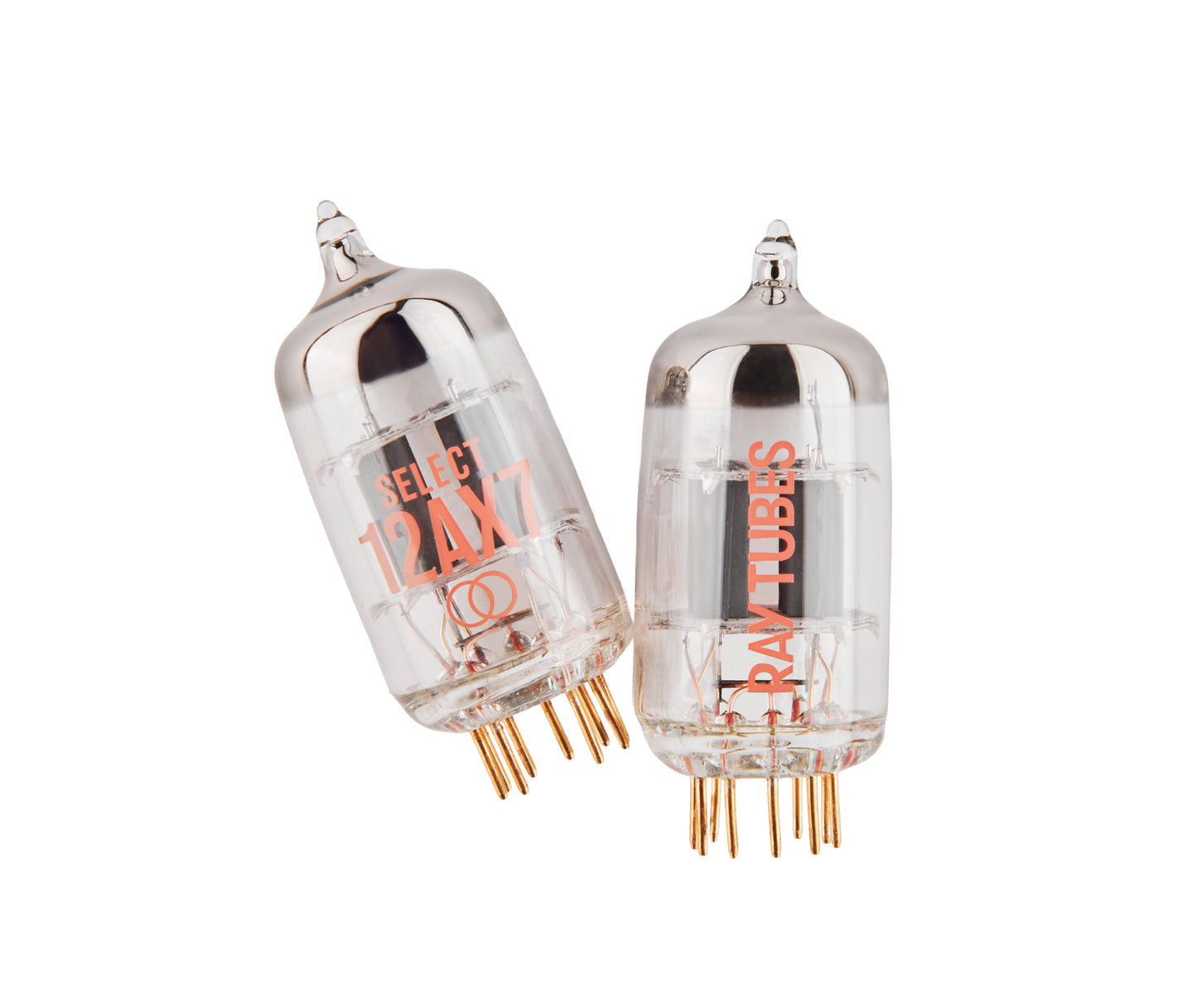 Two Ray-Tubes SELECT 12AX7 vacuum tubes with clear glass envelopes, silver metal collars, and copper pins, shown on a solid white background.