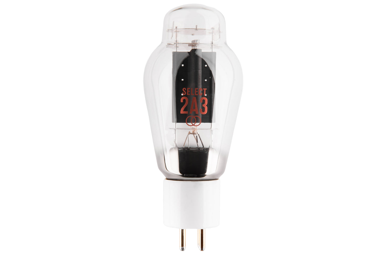 A vintage-style vacuum tube light bulb with a clear glass body, black internal elements, red 'SELECT 2A3' text, and a white two-pin base, centered on a plain white background.
