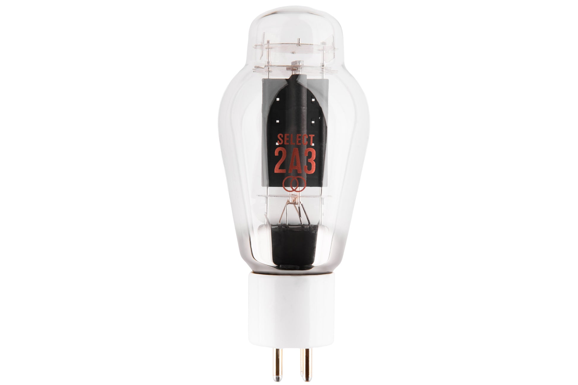 A vintage-style vacuum tube light bulb with a clear glass body, black internal elements, red 'SELECT 2A3' text, and a white two-pin base, centered on a plain white background.