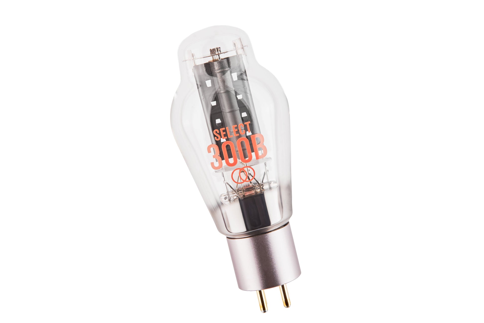 A 300B vacuum tube light bulb with a clear glass envelope, orange printed text, and a silver metal base with two pins, shown on a solid white background.