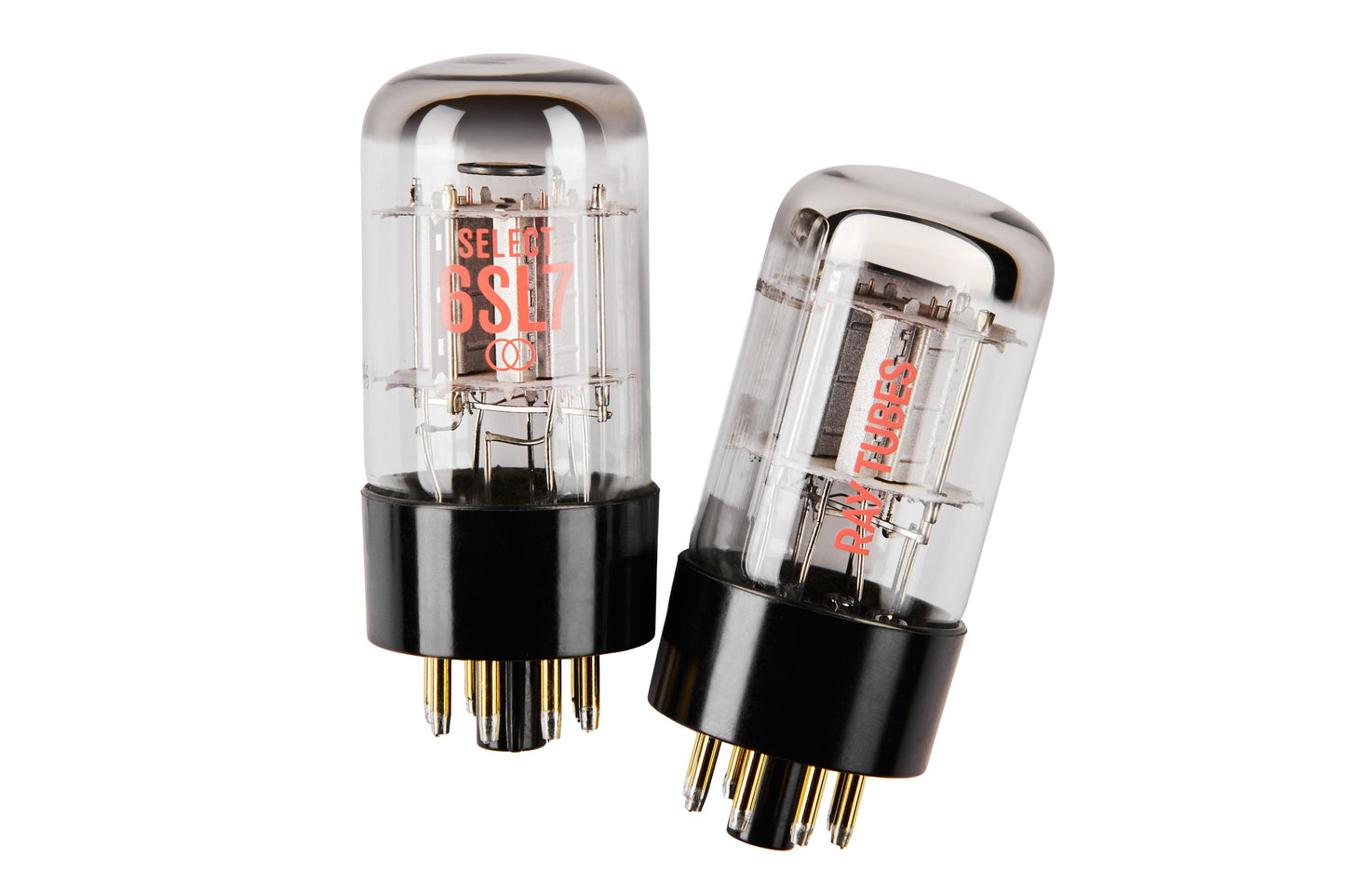 Two glass vacuum tubes with black bases and gold pins, featuring red 'SELECT 6SL7' text on a clean white background.