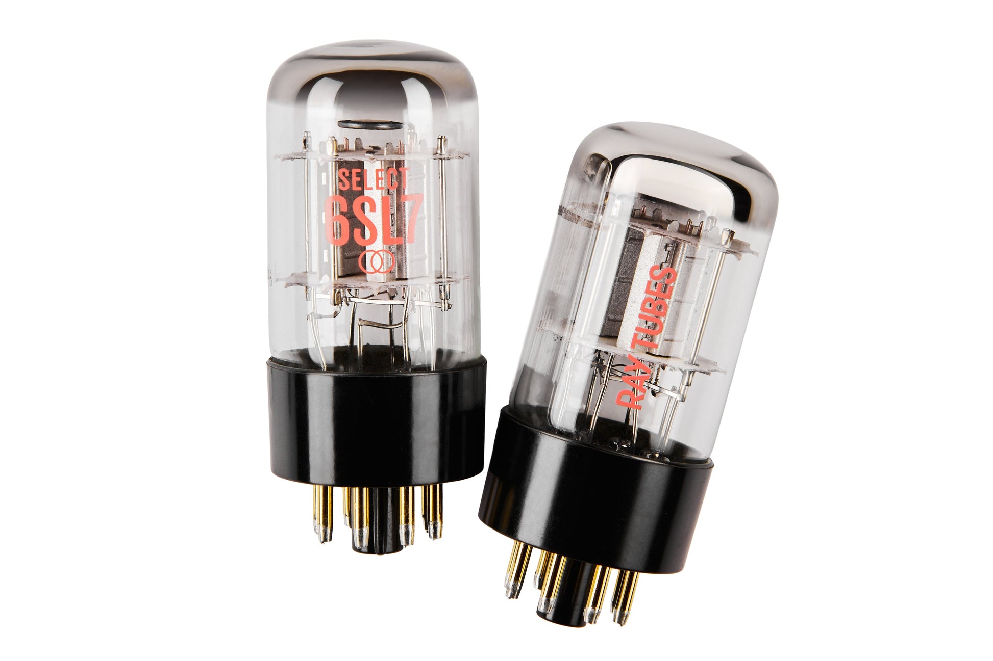 Two glass vacuum tubes with black bases and gold pins, featuring red 'SELECT 6SL7' text on a clean white background.