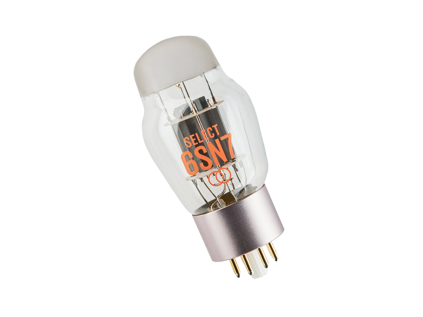 A single vacuum tube electronic component, specifically a SELECT 6SN7, shown on a clean white background. The tube features a clear glass body with internal metallic elements, a frosted white top, and a silver metal base with gold pins.