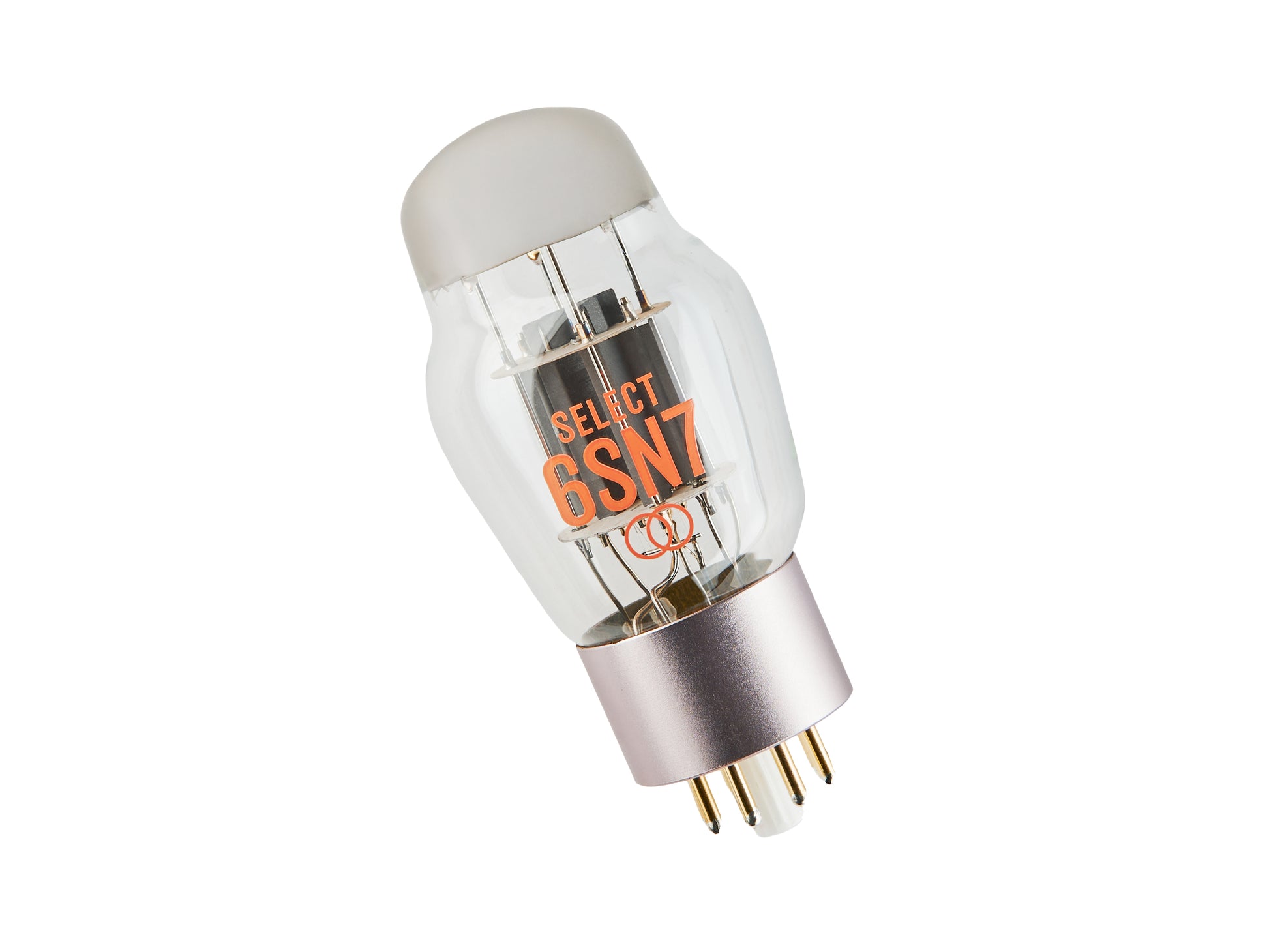A single vacuum tube electronic component, specifically a SELECT 6SN7, shown on a clean white background. The tube features a clear glass body with internal metallic elements, a frosted white top, and a silver metal base with gold pins.