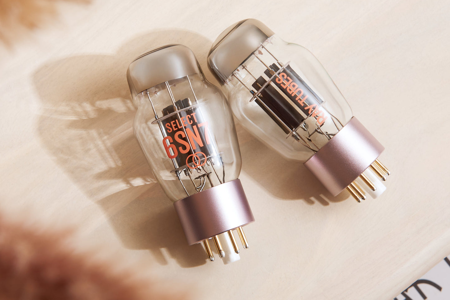 Two vacuum tubes with visible branding on a textured surface