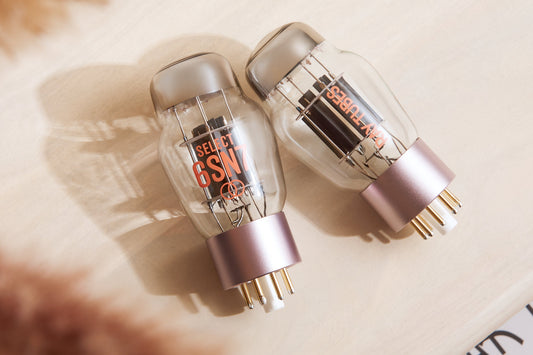 Two vacuum tubes with visible branding on a textured surface