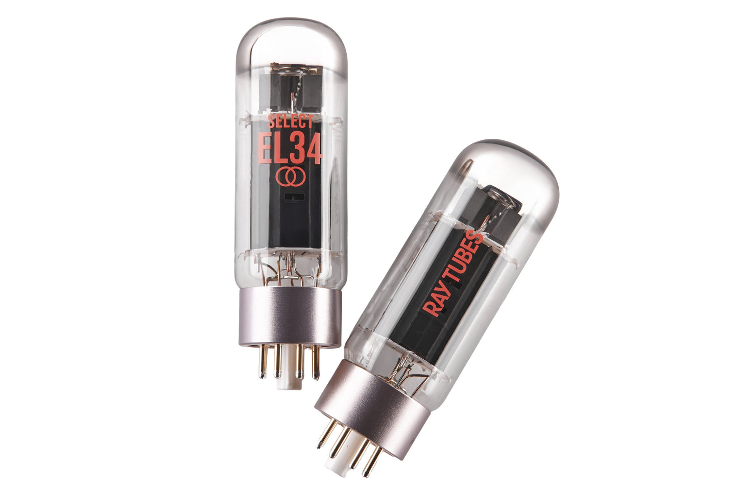 Two glass vacuum tubes, one marked 'EL34' and the other 'RAY TUBES', shown on a plain white background.