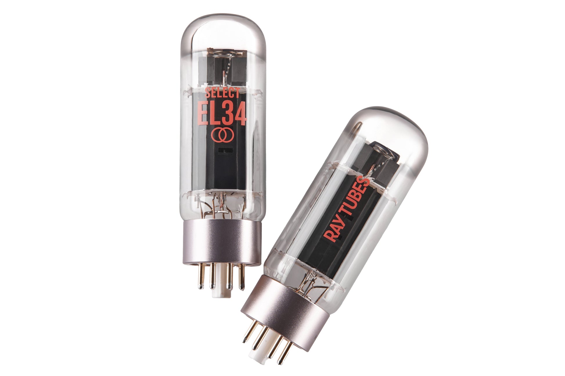 Two glass vacuum tubes, one marked 'EL34' and the other 'RAY TUBES', shown on a plain white background.