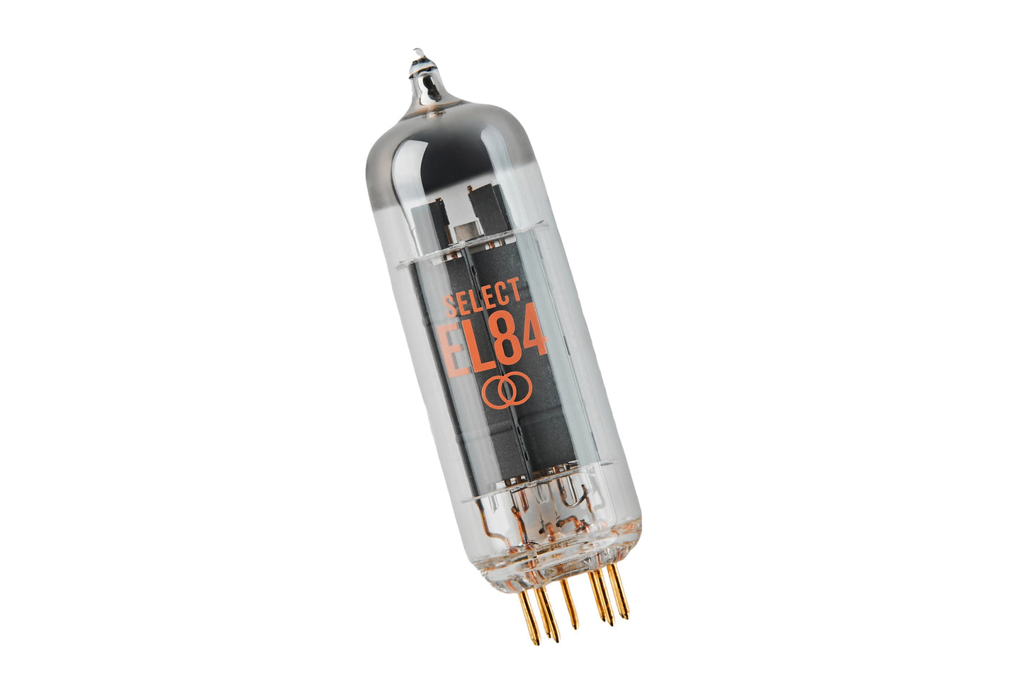 A single vacuum tube, specifically a Select EL84, shown at an angle on a plain white background. The tube has a clear glass body with internal black elements, gold metal pins at the base, and orange printed text.