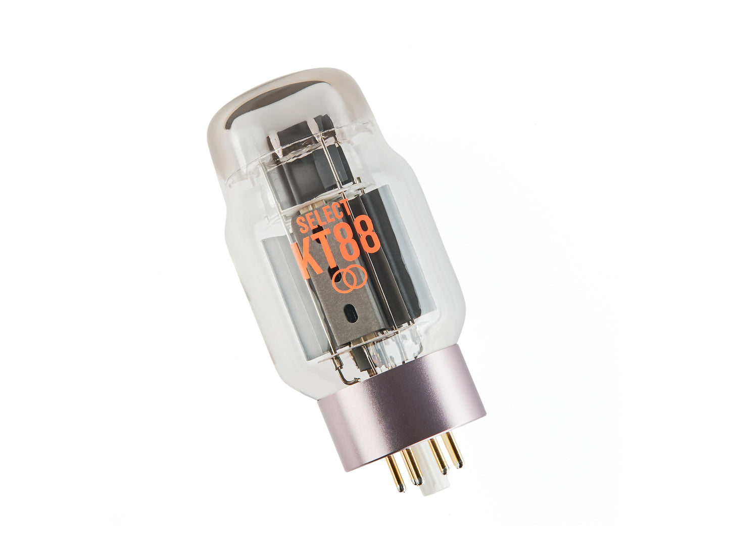 A single vacuum tube component on a plain white background, with the brand name 'SELECT' and model 'KT88' printed in orange on the glass body.