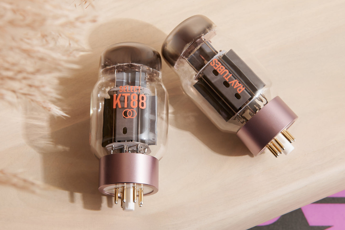 Two vacuum tubes with visible branding on a textured surface