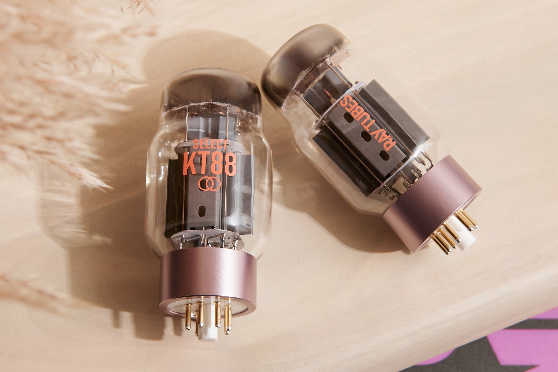 Two vacuum tubes with visible branding on a textured surface