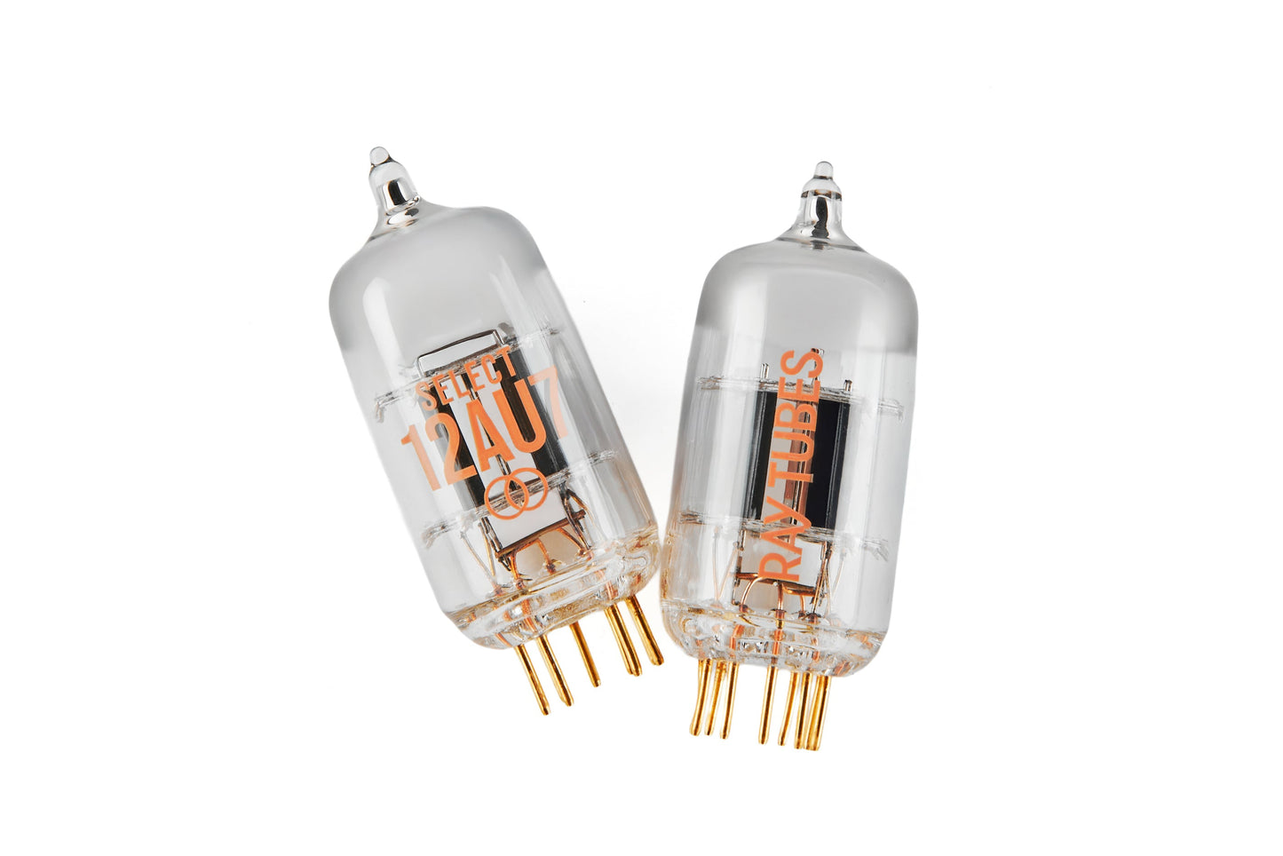 Two clear glass vacuum tubes with gold pins and orange printed text, shown on a plain white background.