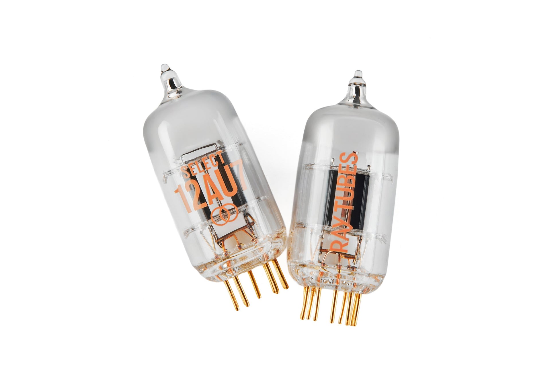 Two clear glass vacuum tubes with gold pins and orange printed text, shown on a plain white background.